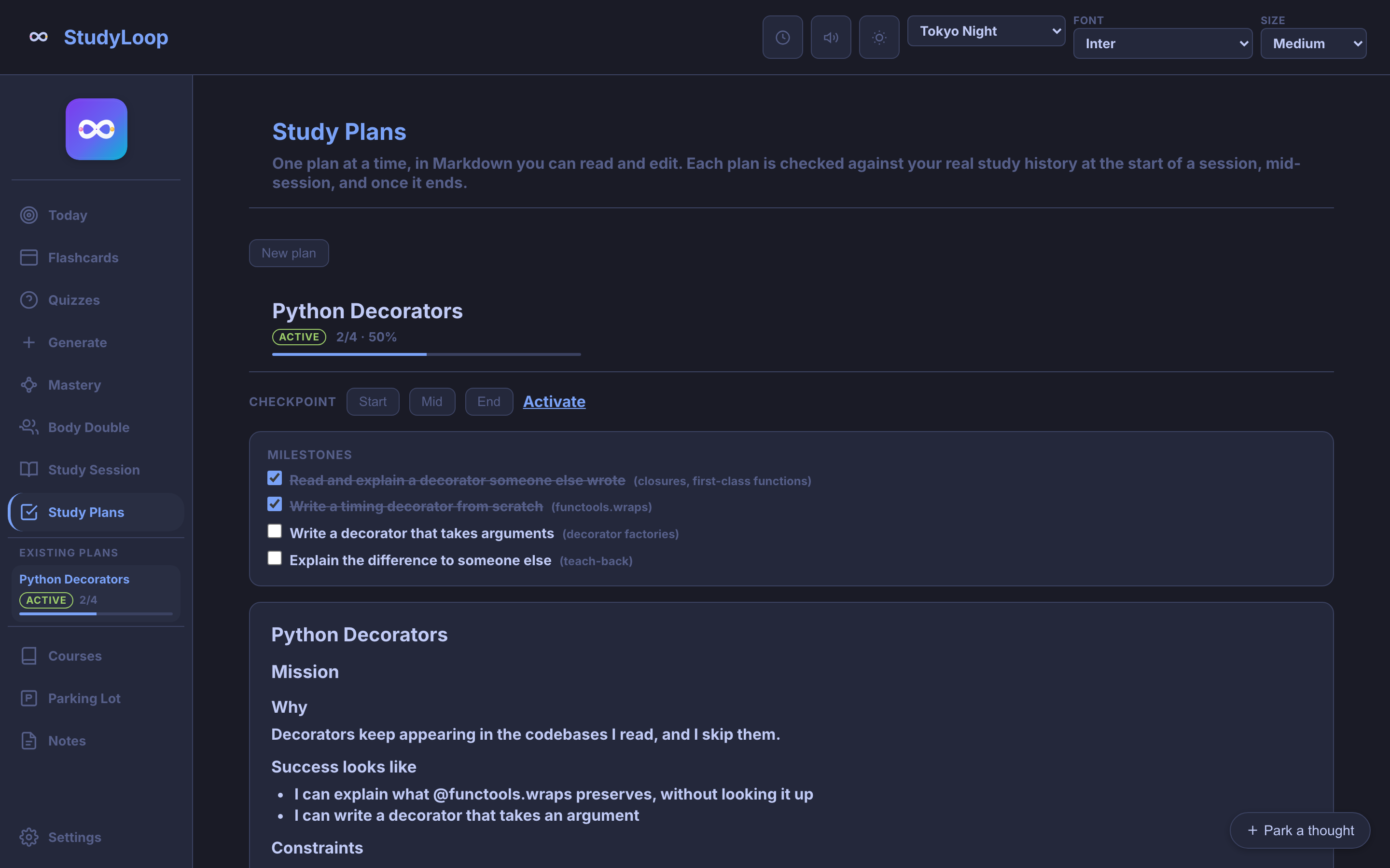 The StudyLoop Study Plans view: a sidebar listing the Python Decorators plan as active at two of four milestones, a progress bar, a checkpoint row, four milestone checkboxes with the first two ticked, and the plan's mission rendered below
